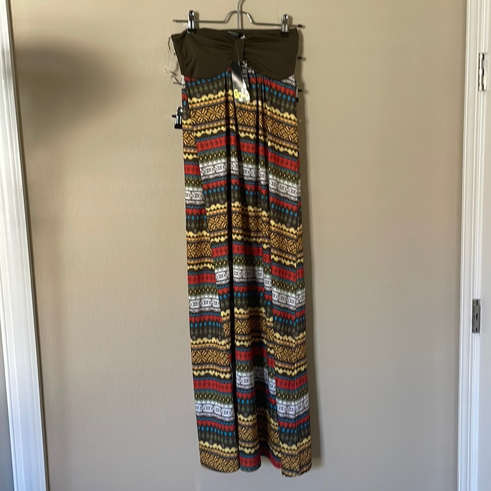 Brown yellow white orange strapless maxi dress